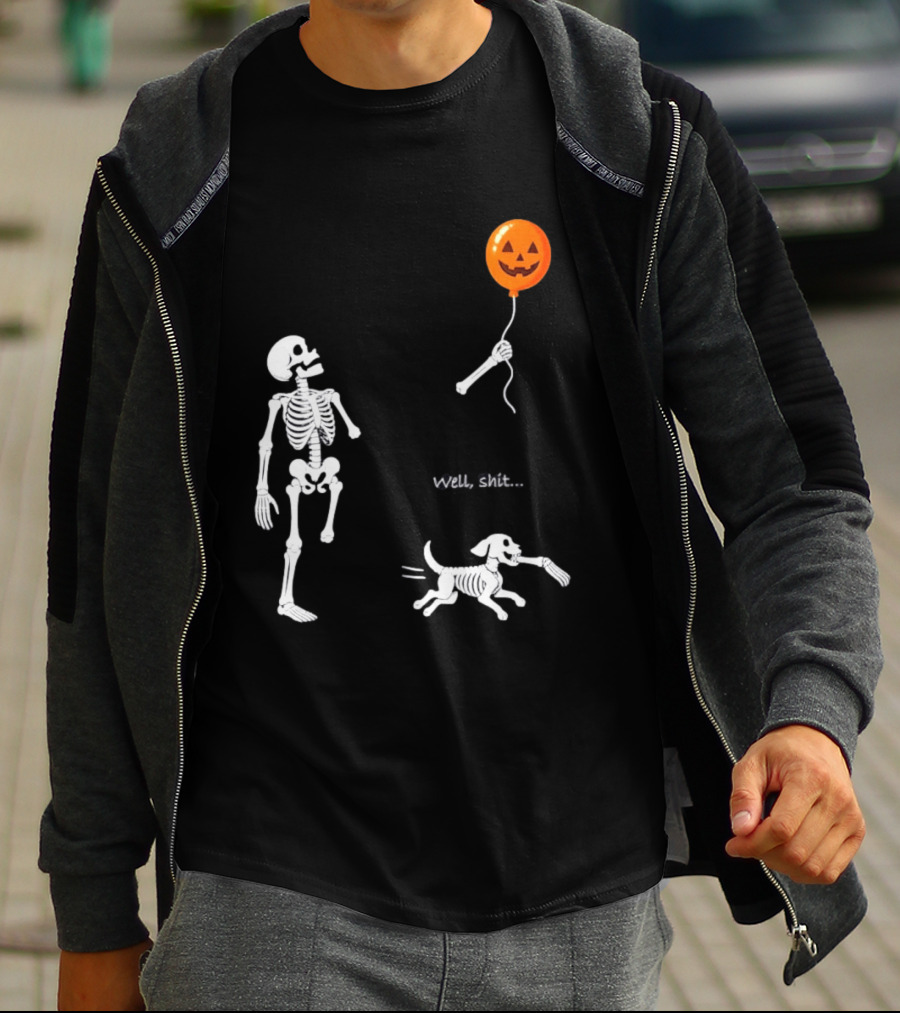 Skeleton Losing Halloween Pumpkin Balloon To Dog Well Shit T-Shirt