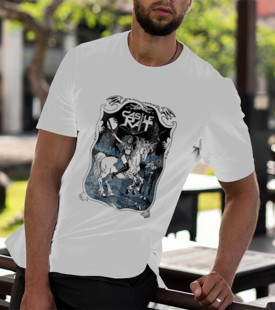 Castle Rat Warrior Woman Riding Unicorn Wizard Fantasy Scene T-Shirt
