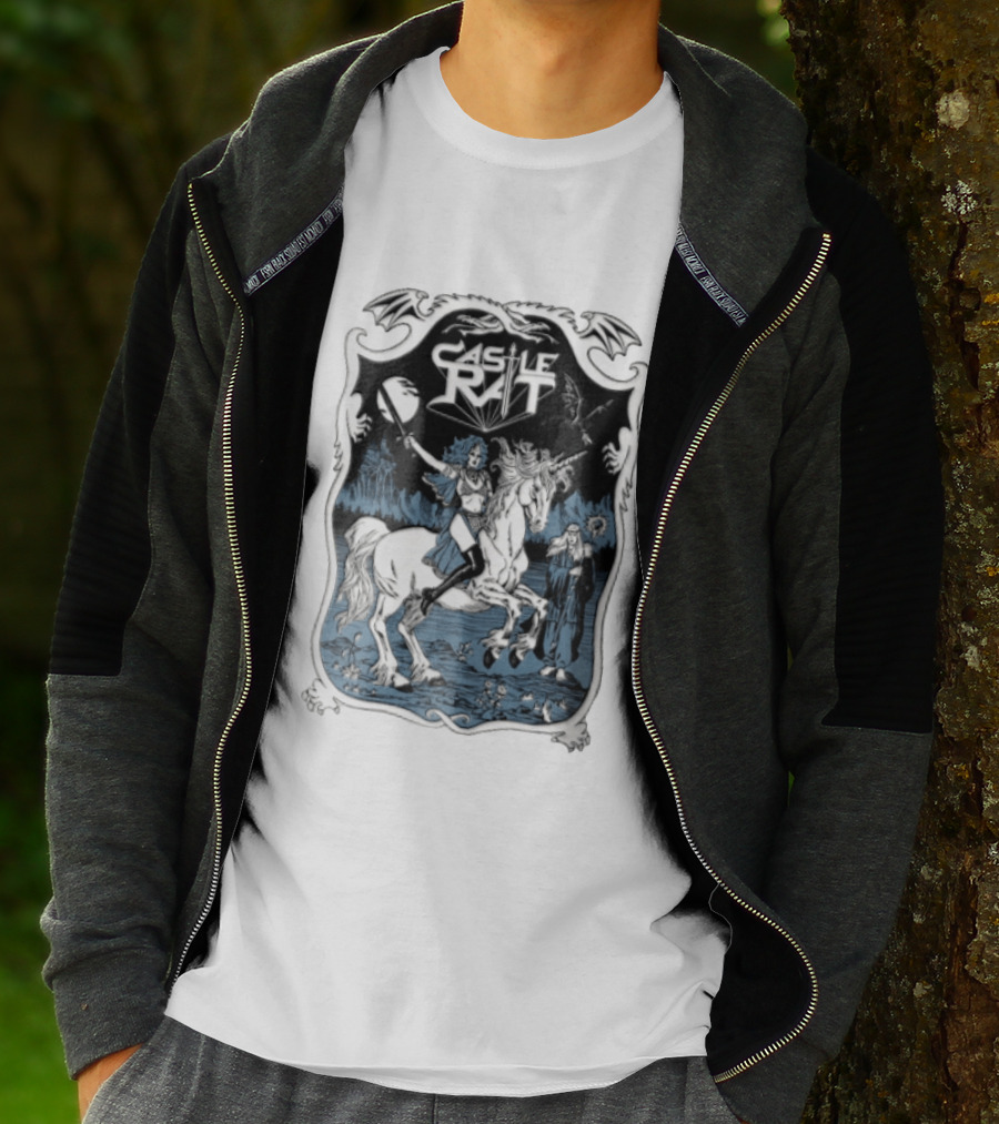 Castle Rat Warrior Woman Riding Unicorn Wizard Fantasy Scene T-Shirt