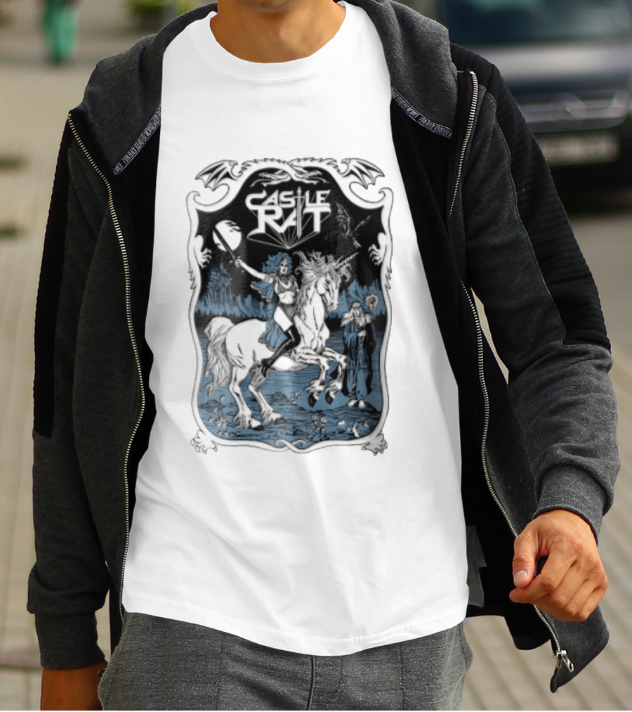 Castle Rat Warrior Woman Riding Unicorn Wizard Fantasy Scene T-Shirt