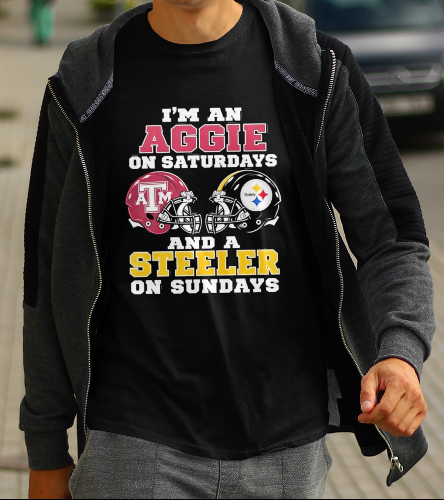 I'm An Aggie On Saturdays And A Steeler On Sundays Texas A&M And Pittsburgh Football Helmets T-Shirt