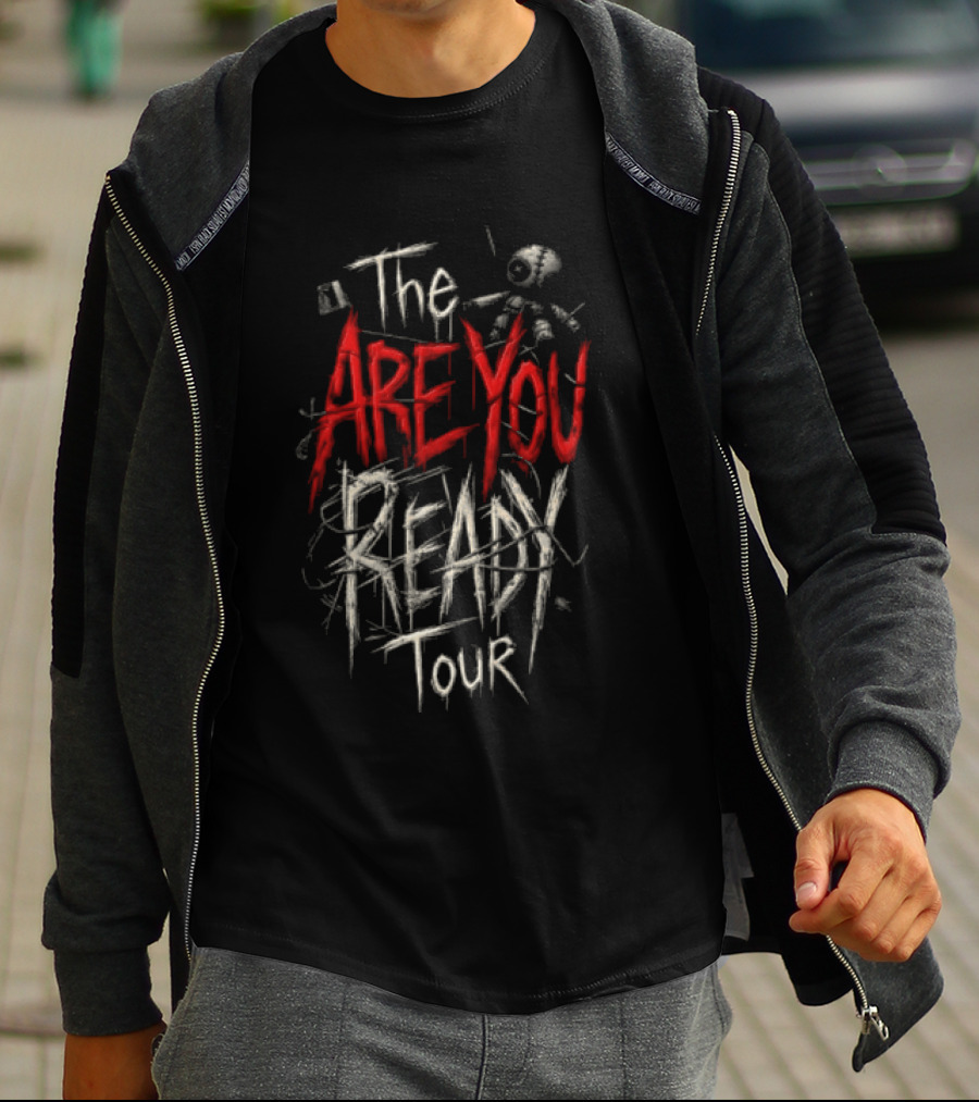 The Are You Ready Tour Red And White Bold Distressed Text With Stick Figure And Scribbles T-Shirt