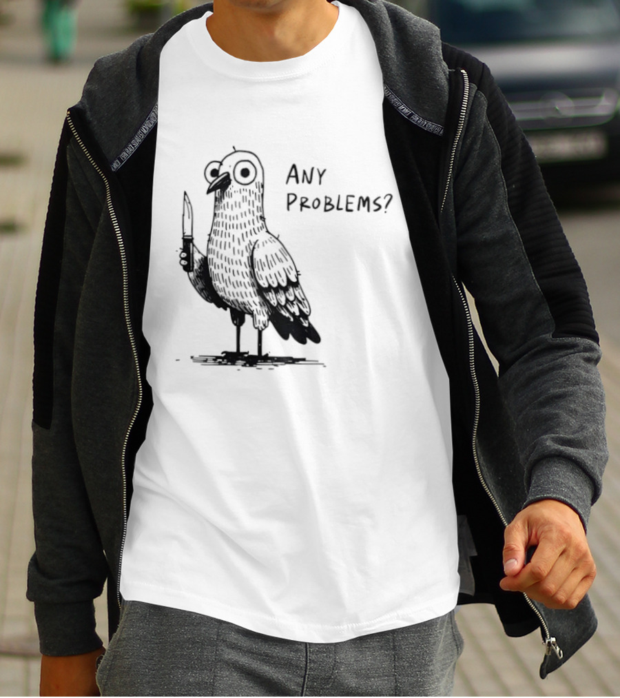 Pigeon With Knife Any Problems Retro Style Black Sketch T-Shirt