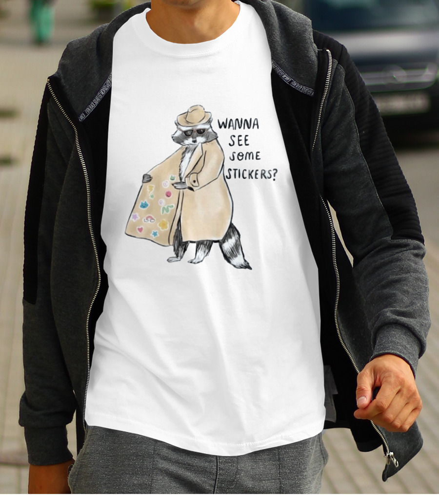 Raccoon In Trench Coat Wanna See Some Stickers T-Shirt