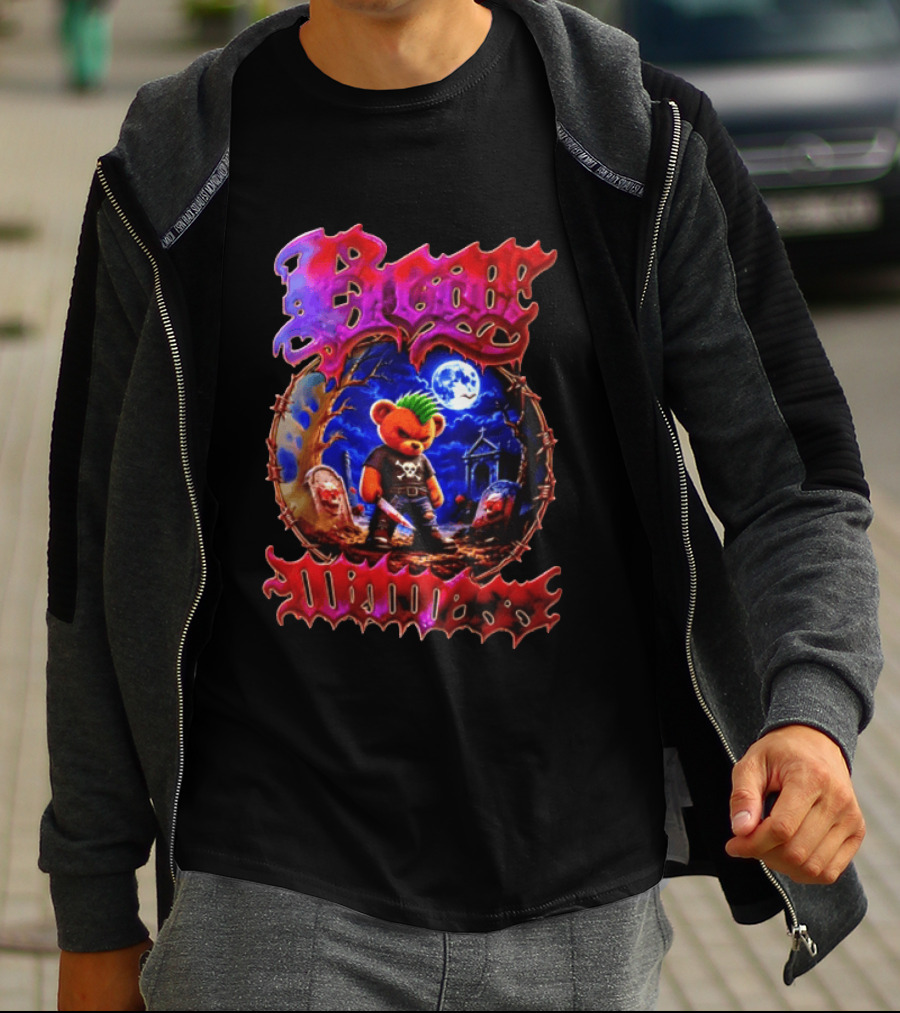 Bear Killers Punk Teddy Bear With Knife And Moonlit Graveyard Scene T-Shirt