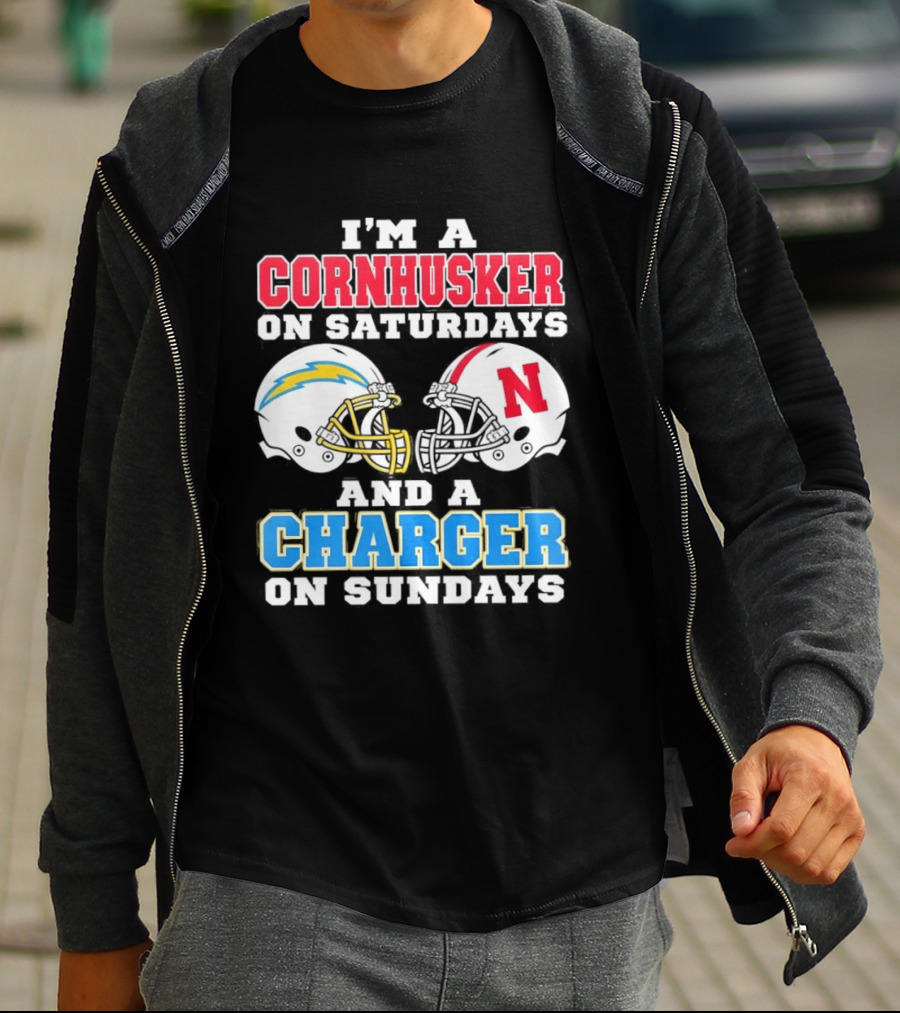 I'm A Cornhusker On Saturdays And A Charger On Sundays Football Fan Football Team Helmets T-Shirt