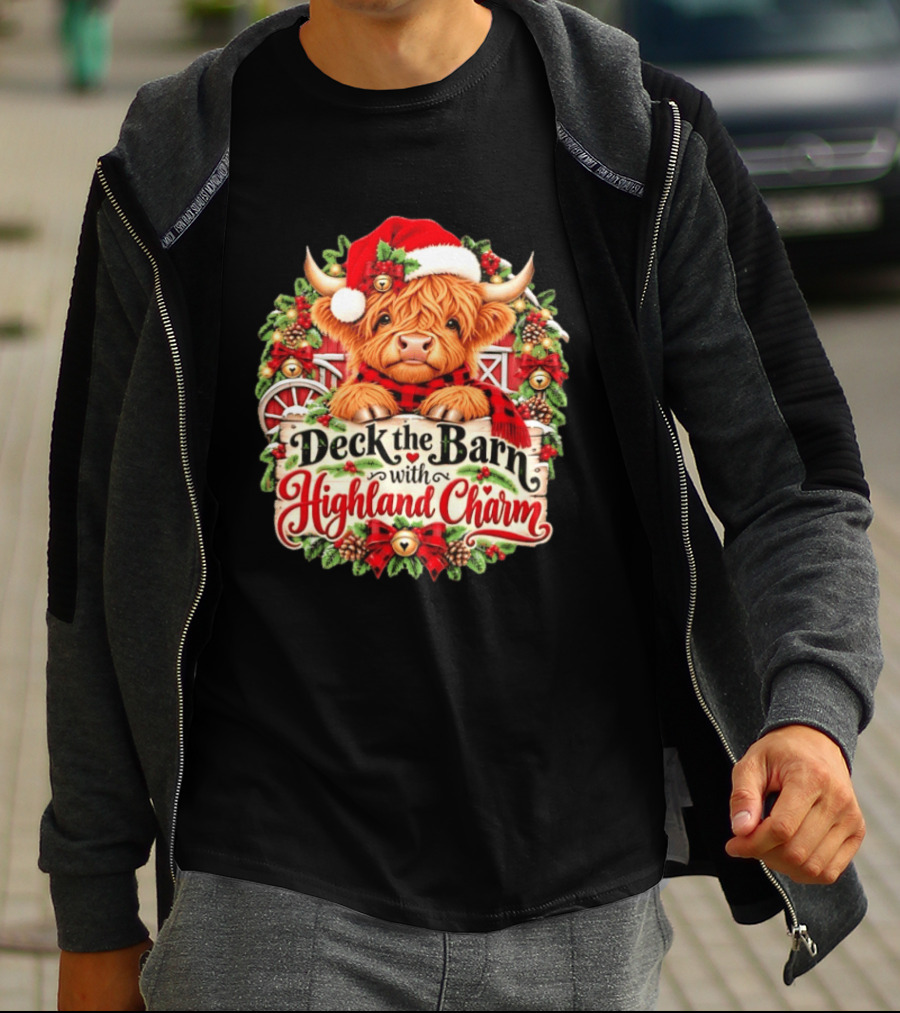 Deck The Barn With Highland Charm And Santa Highland Cow Holiday Wreath T-Shirt