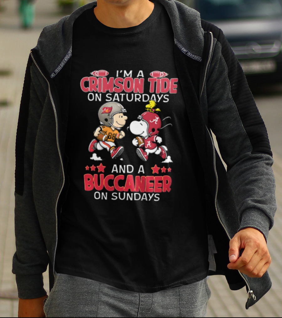 I'm A Crimson Tide On Saturdays And A Buccaneer On Sundays Charlie Brown Snoopy Woodstock T-Shirt
