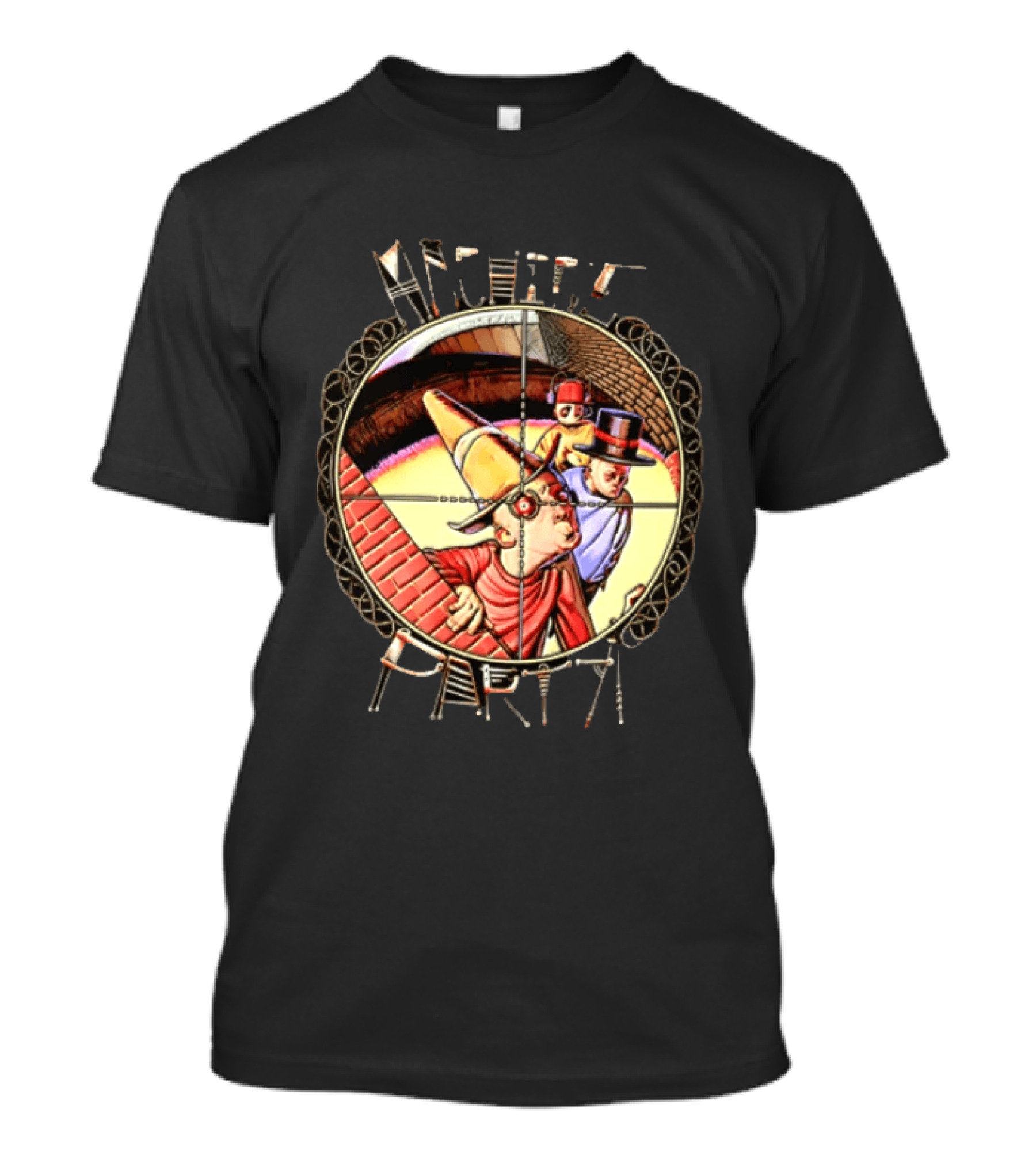 Machine Party Surreal Dark Fantasy Dystopian Vintage Cartoon Target Crosshair T-Shirt