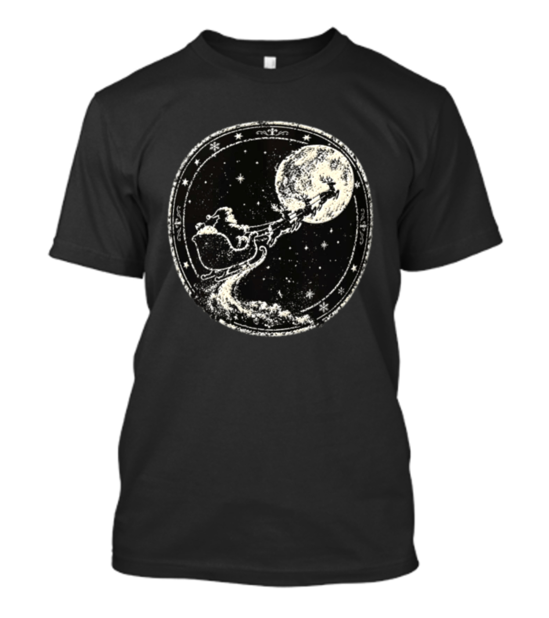 Santa Sleigh Flying Across Moonlit Night Vintage Stamp Christmas T-Shirt