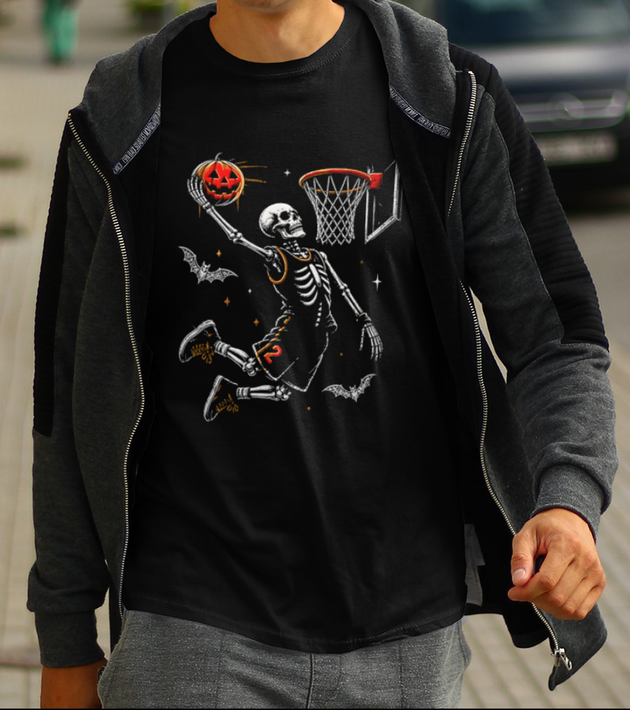 Halloween Skeleton Basketball Dunking Pumpkin Spooky Bats T-Shirt