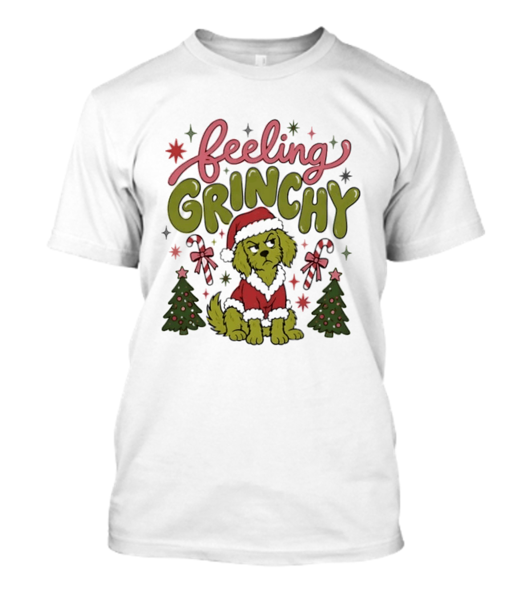 Feeling Grinchy Dog Christmas Santa Hat Candy Canes Trees T-Shirt