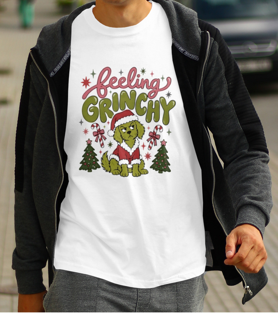 Feeling Grinchy Dog Christmas Santa Hat Candy Canes Trees T-Shirt