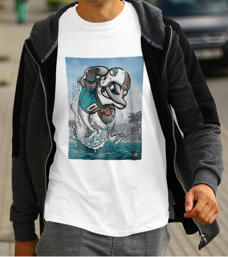 Miami Dolphins Garo Yepremian Fins Up 1972 Cartoon Dolphin Helmet Football T-Shirt