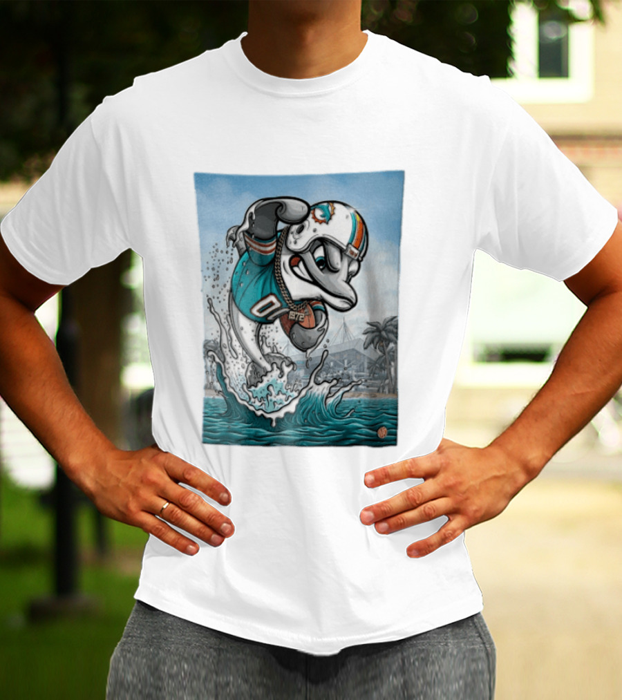 Miami Dolphins Garo Yepremian Fins Up 1972 Cartoon Dolphin Helmet Football T-Shirt