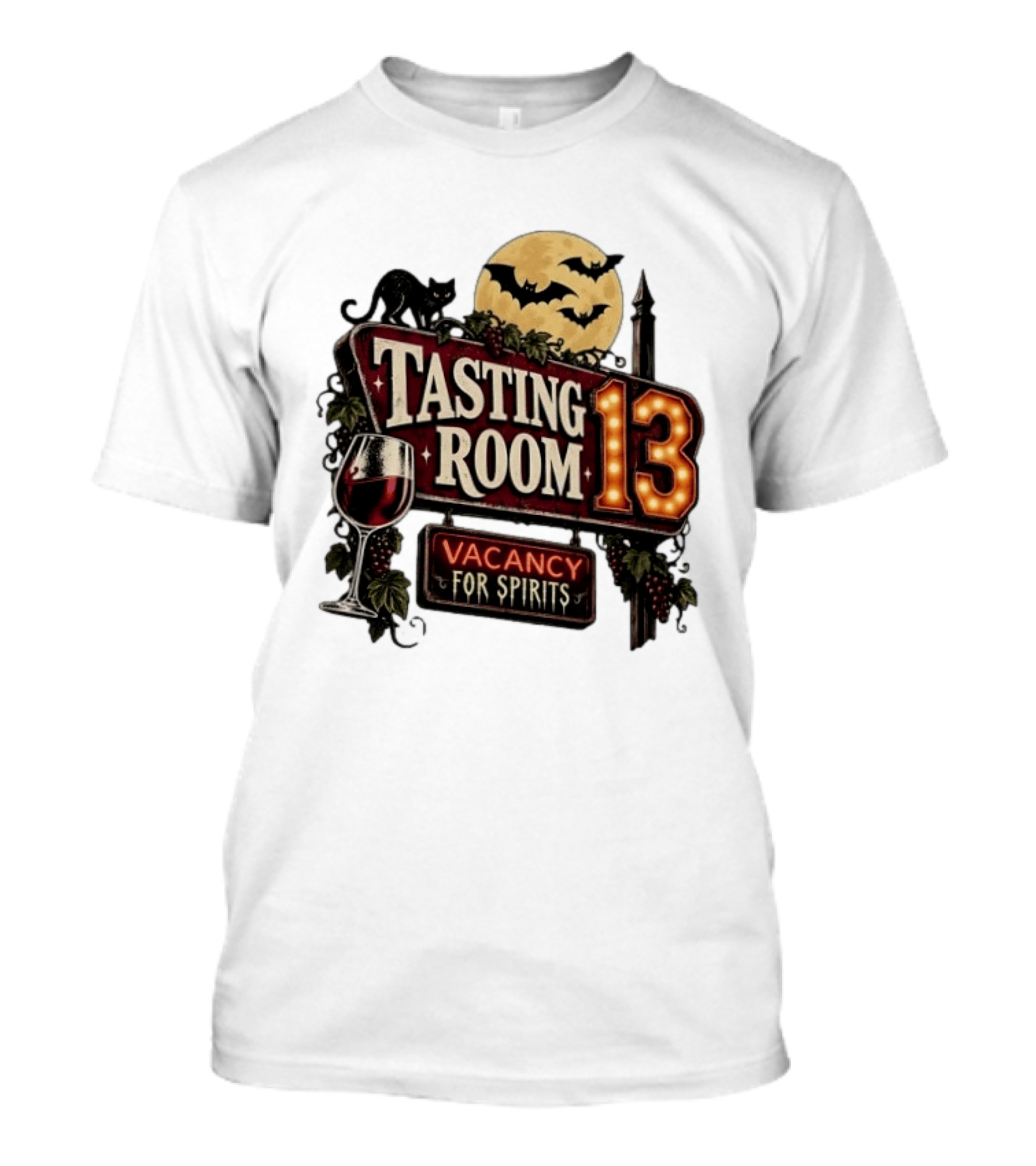 Tasting Room 13 Vacancy For Spirits Halloween Wine Moon Bats Cat T-Shirt