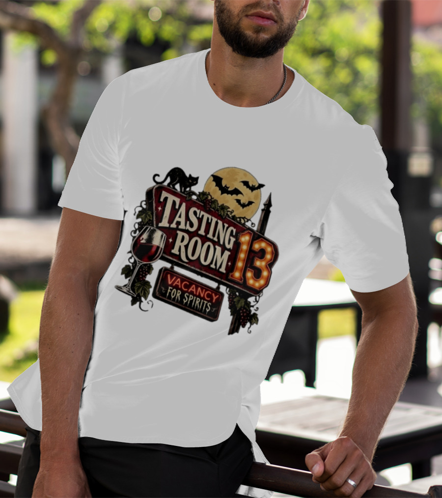 Tasting Room 13 Vacancy For Spirits Halloween Wine Moon Bats Cat T-Shirt