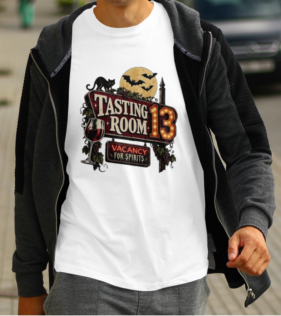 Tasting Room 13 Vacancy For Spirits Halloween Wine Moon Bats Cat T-Shirt