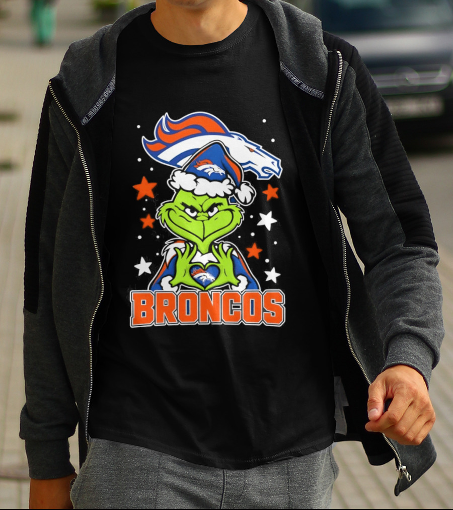 Broncos Christmas Grinch Heart Hands Love Denver Football T-Shirt