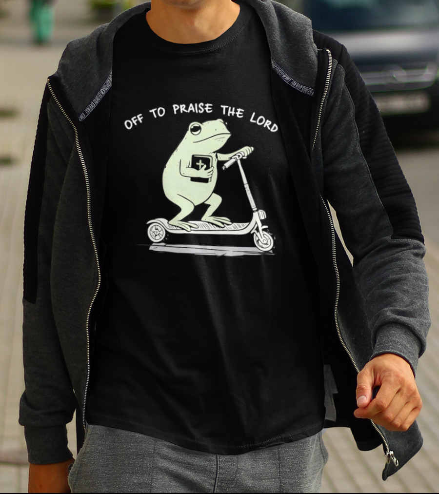 Off To Praise The Lord Frog On Scooter T-Shirt