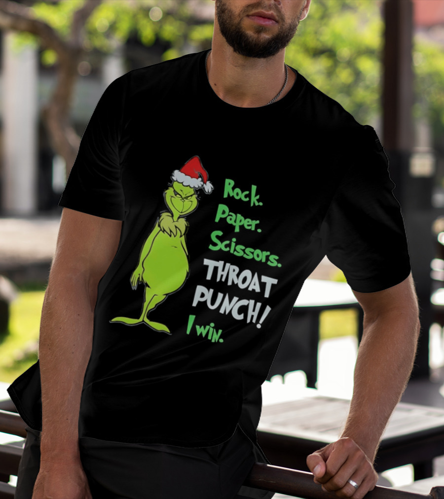Rock Paper Scissors Throat Punch I Win Grinch With Santa Hat T-Shirt