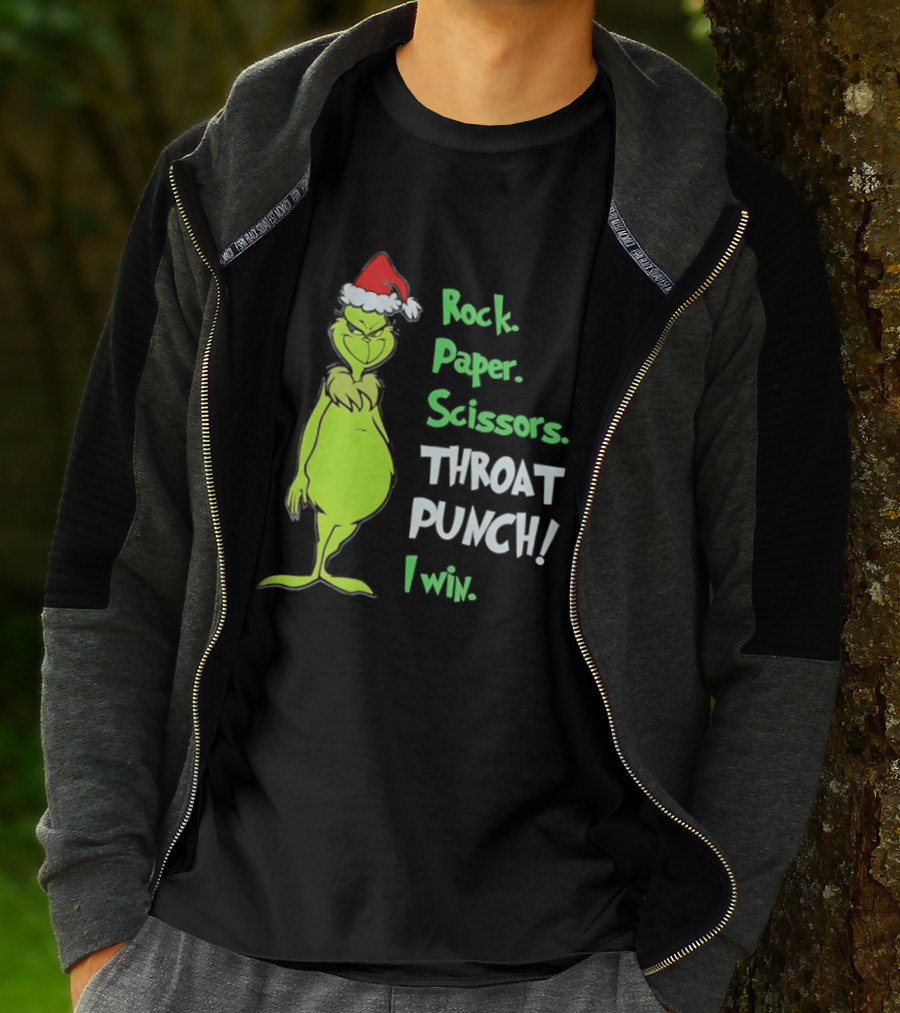 Rock Paper Scissors Throat Punch I Win Grinch With Santa Hat T-Shirt