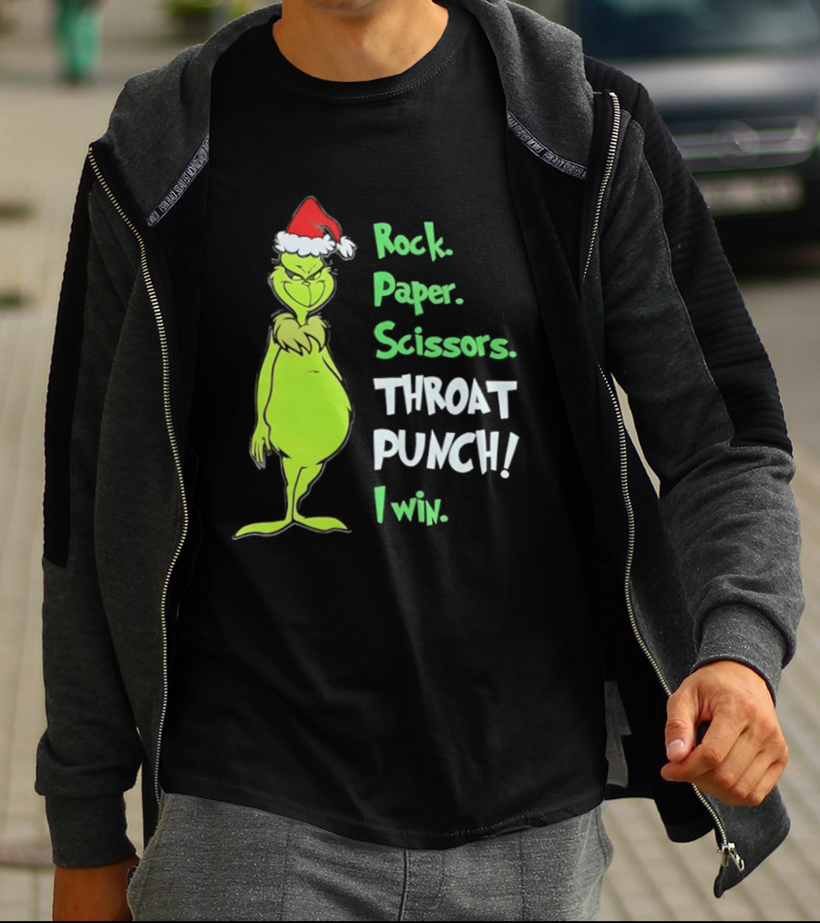 Rock Paper Scissors Throat Punch I Win Grinch With Santa Hat T-Shirt