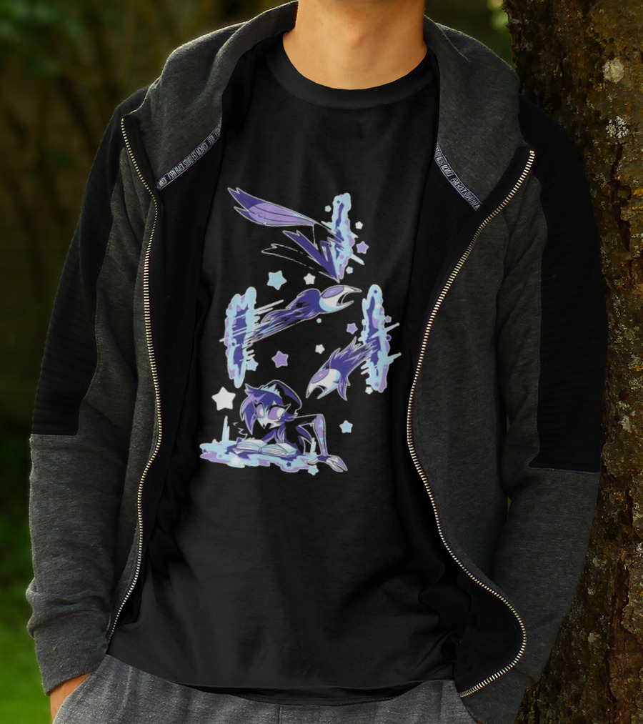 Shark Robot Octavia Portal Animated Illustration With Stars And Blue Avian T-Shirt