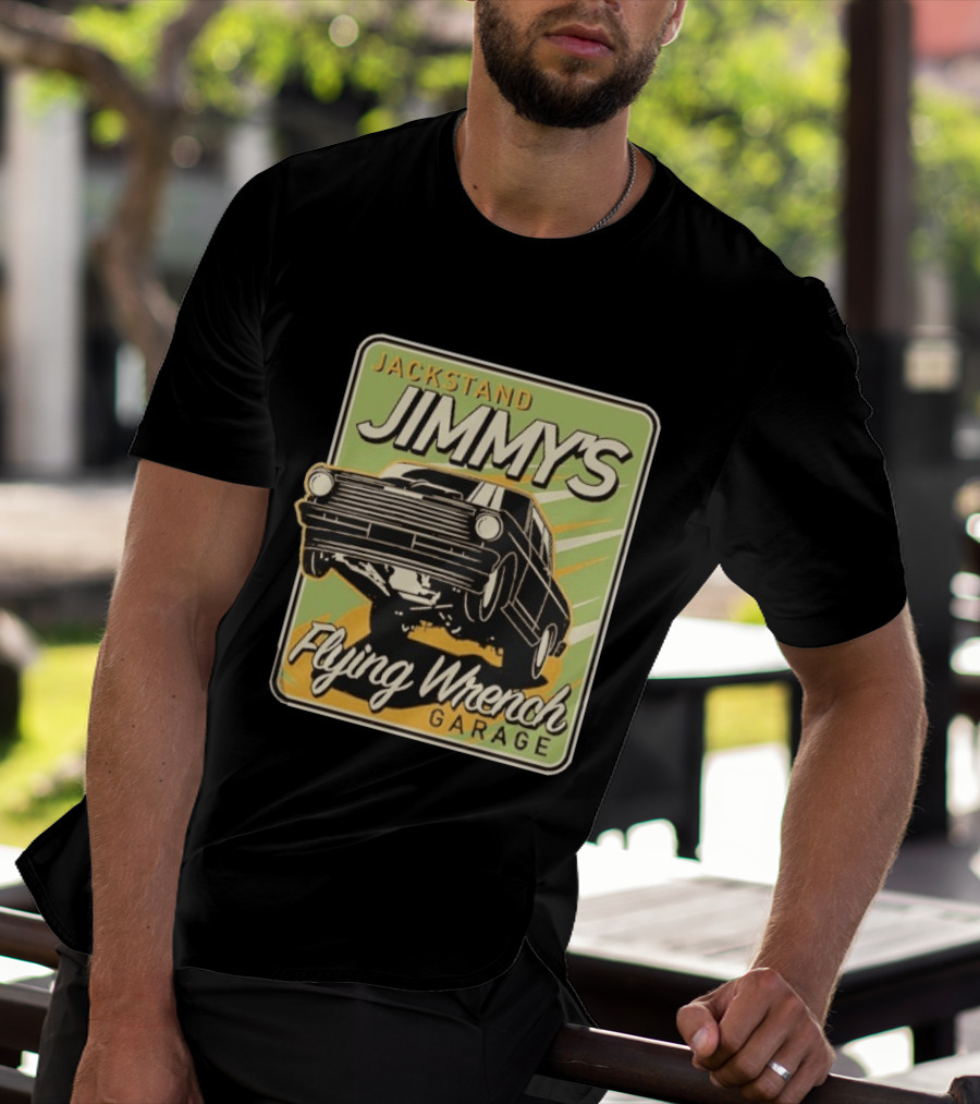 Jackstand Jimmy's Flying Wrench Garage Vintage Hot Rod Art Cleetus McFarland T-Shirt