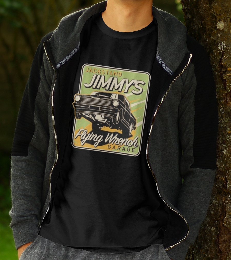 Jackstand Jimmy's Flying Wrench Garage Vintage Hot Rod Art Cleetus McFarland T-Shirt