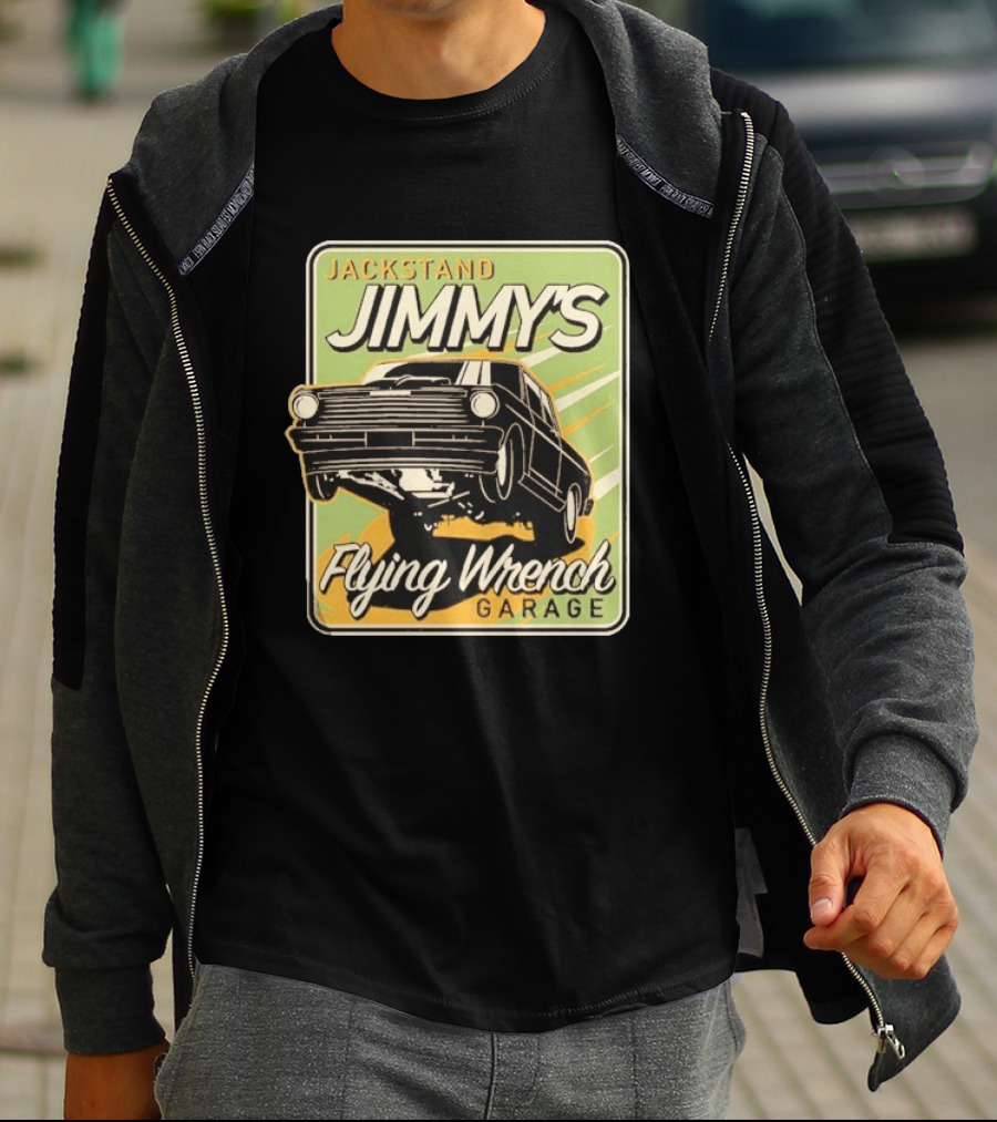 Jackstand Jimmy's Flying Wrench Garage Vintage Hot Rod Art Cleetus McFarland T-Shirt