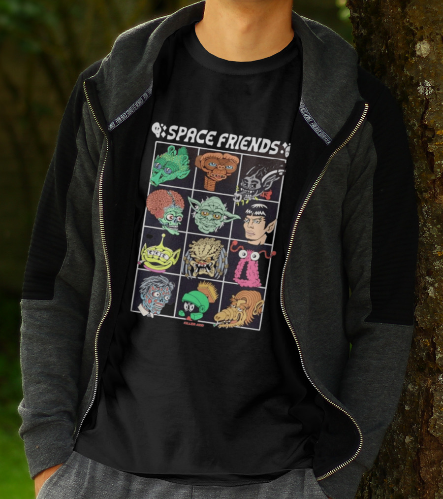 Space Friends Killer Acid Sci Fi Collage Alien Monster Characters T-Shirt