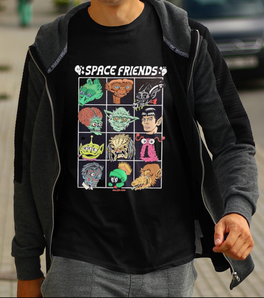 Space Friends Killer Acid Sci Fi Collage Alien Monster Characters T-Shirt