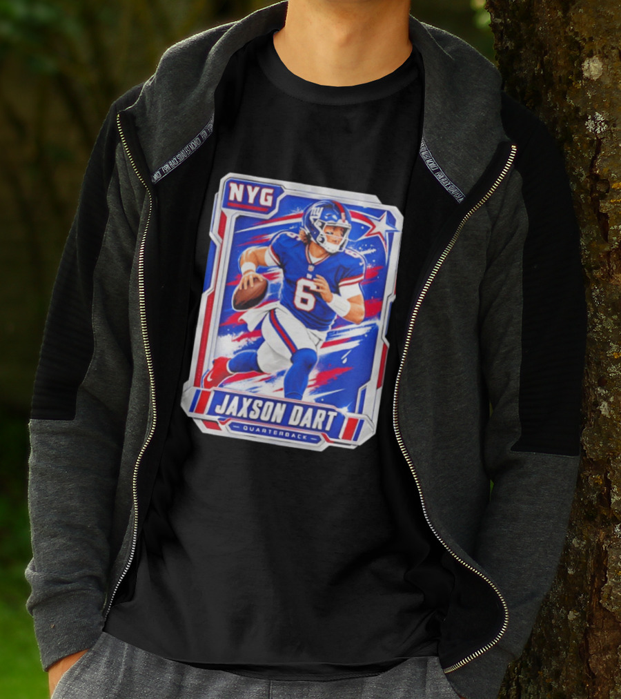 NYG Jaxson Dart 2026 Trading Card Blue Jersey Quarterback T-Shirt