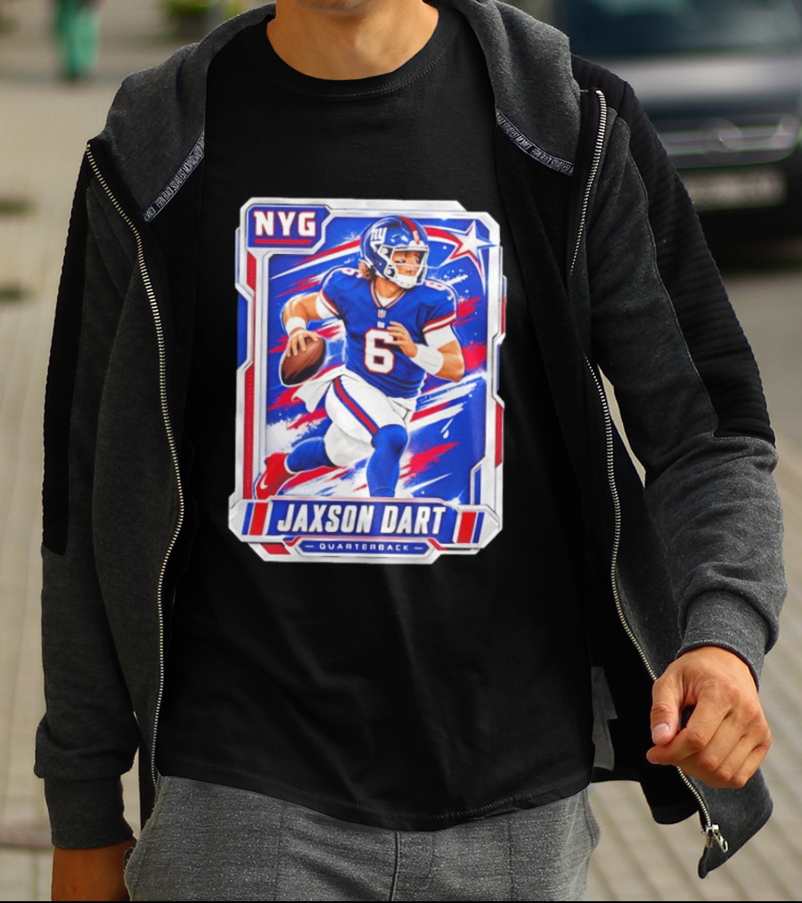 NYG Jaxson Dart 2026 Trading Card Blue Jersey Quarterback T-Shirt