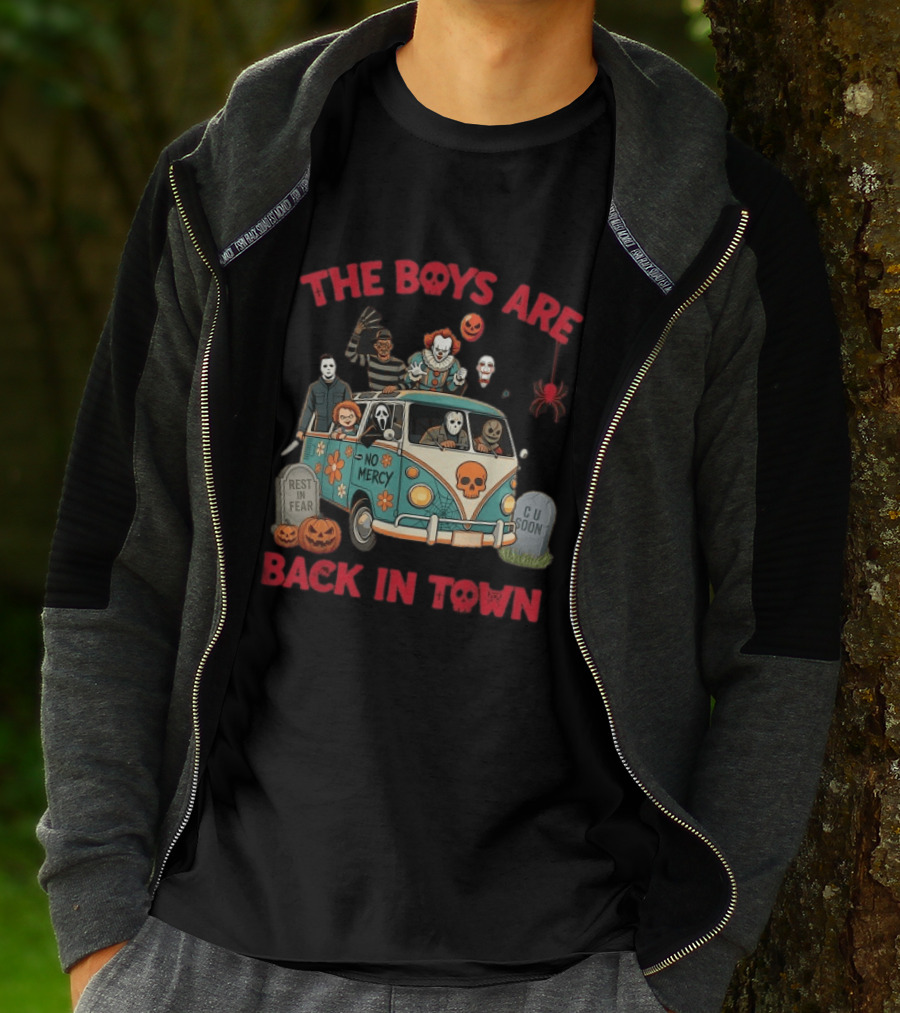 The Boys Are Back In Town No Mercy Halloween Horror Icons Spooky Van T-Shirt