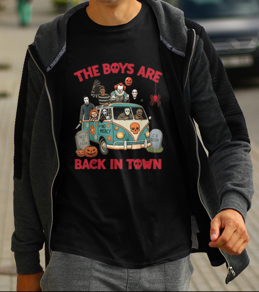 The Boys Are Back In Town No Mercy Halloween Horror Icons Spooky Van T-Shirt