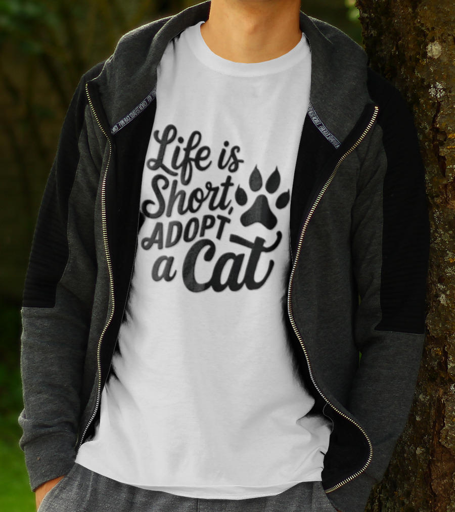 Life Is Short Adopt A Cat Paw Print T-Shirt