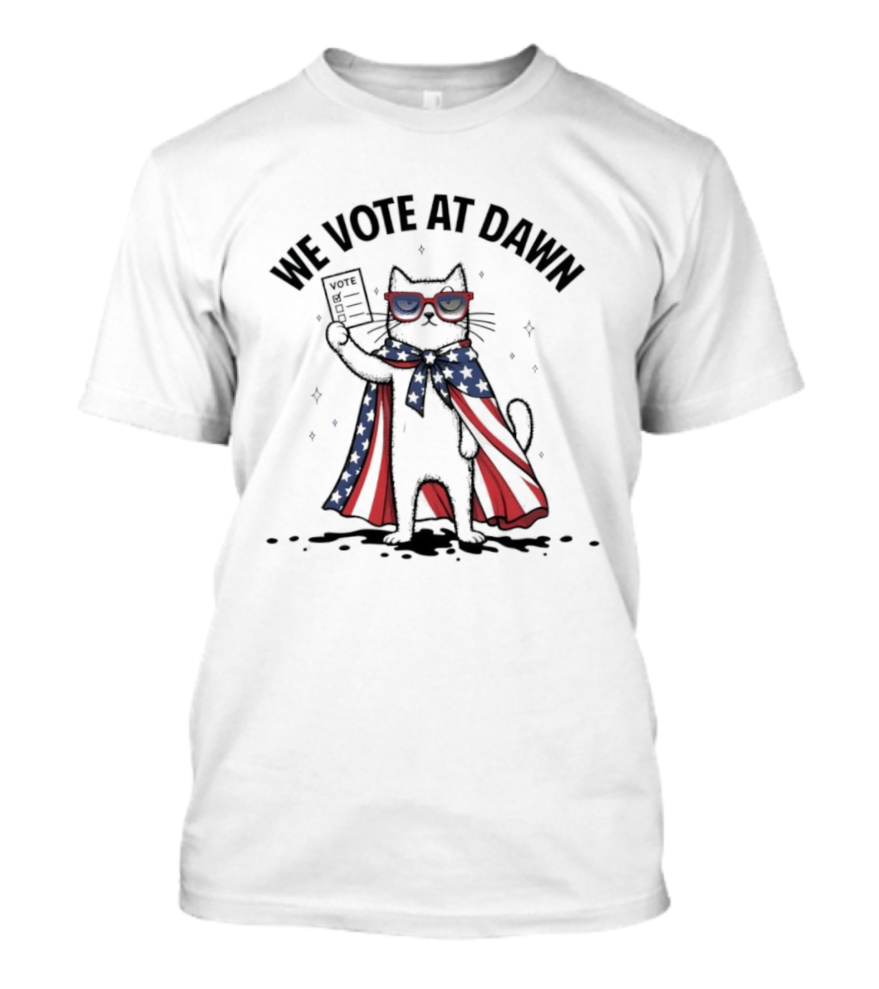 We Vote At Dawn Patriotic Cat With Stars And Stripes Cape And Glasses T-Shirt