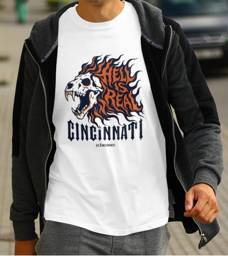 FC Cincinnati Lion Skull Hell Is Real Flames Roaring Fire T-Shirt