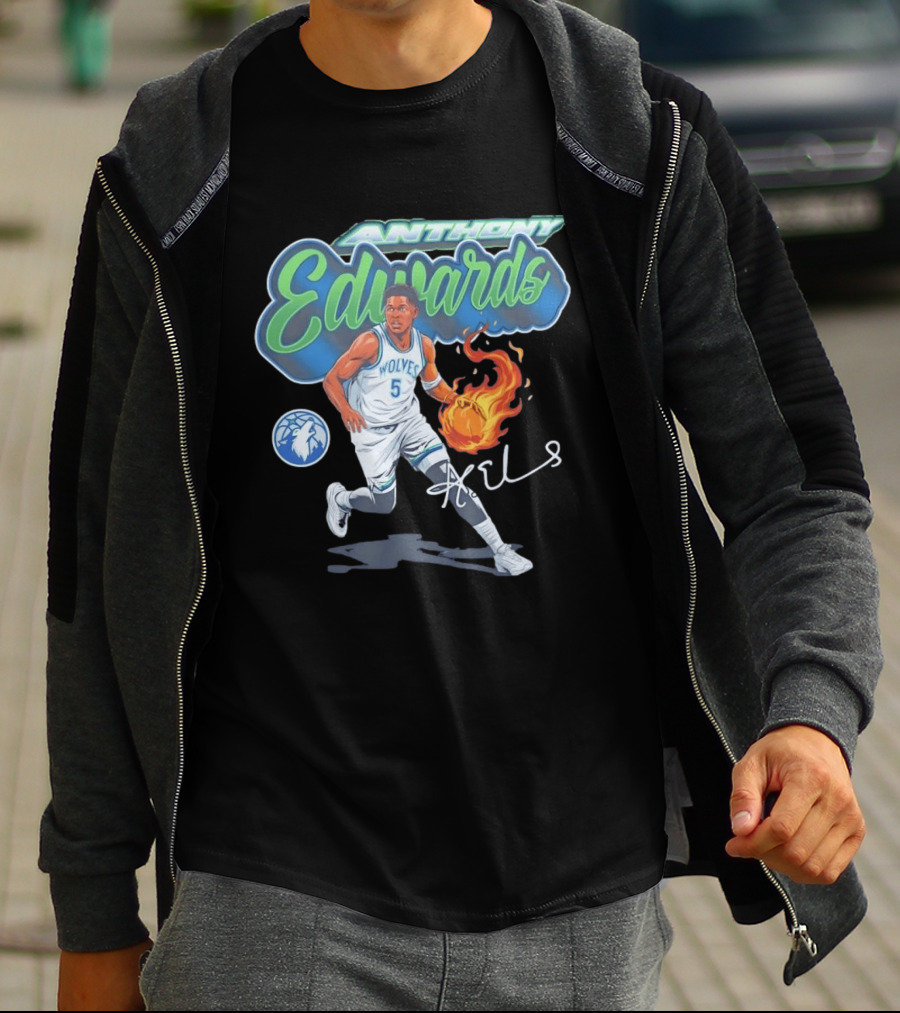 Anthony Edwards Wolves Cursive Script Basketball Flame Edit T-Shirt