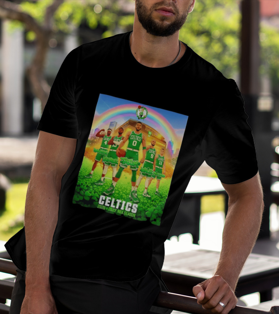 Boston Celtics 2026 2027 NBA Season Tatum George White Robinson Pritchard Basketball Team Players Under Rainbow Scene T-Shirt