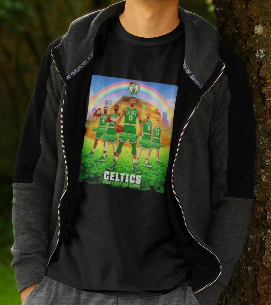 Boston Celtics 2026 2027 NBA Season Tatum George White Robinson Pritchard Basketball Team Players Under Rainbow Scene T-Shirt
