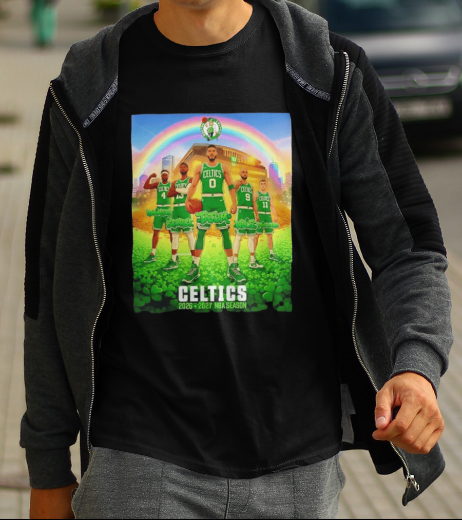 Boston Celtics 2026 2027 NBA Season Tatum George White Robinson Pritchard Basketball Team Players Under Rainbow Scene T-Shirt