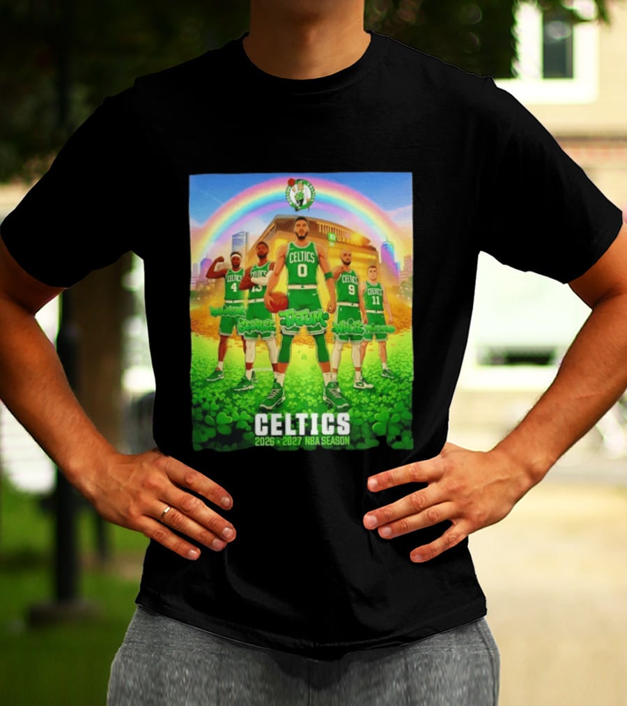 Boston Celtics 2026 2027 NBA Season Tatum George White Robinson Pritchard Basketball Team Players Under Rainbow Scene T-Shirt