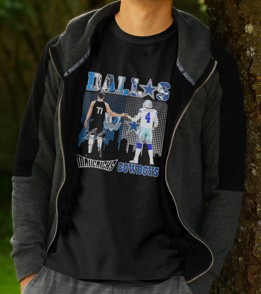 Dallas Mavericks Cowboys Skyline Signatures Luka Doncic Dak Prescott T-Shirt
