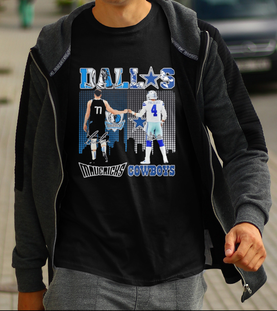 Dallas Mavericks Cowboys Skyline Signatures Luka Doncic Dak Prescott T-Shirt