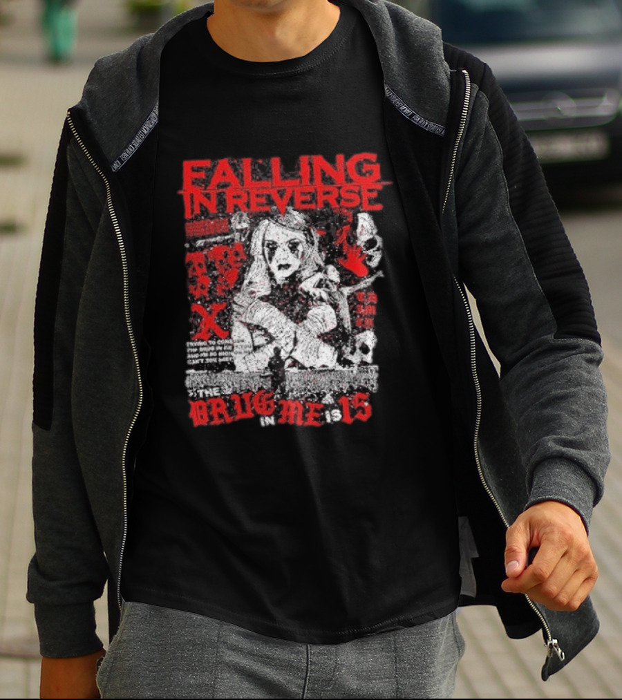 Falling In Reverse The Drug In Me Is 15 Anniversary Punk Gothic Red Text And Illustrations T-Shirt