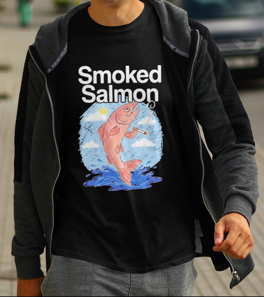 Smoked Salmon Smoking Fish Humorous Cartoon Design With Cloud And Water T-Shirt
