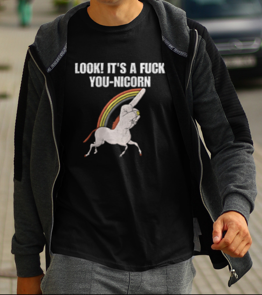 Look It's A Fuck You Nicorn Unicorn Hand Middle Finger Rainbow T-Shirt